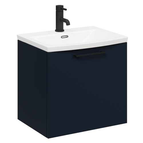 Napoli Deep Blue 500mm Wall Mounted Vanity Unit with 1 Tap Hole Curved Basin and Single Drawer with Matt Black Handle Left Hand Side View