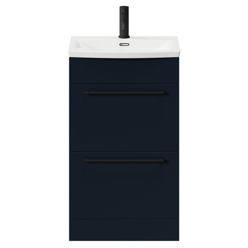 Napoli Deep Blue 500mm Floor Standing Vanity Unit with 1 Tap Hole Curved Basin and 2 Drawers with Matt Black Handles Front View