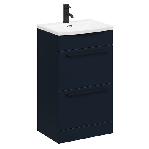 Napoli Deep Blue 500mm Floor Standing Vanity Unit with 1 Tap Hole Curved Basin and 2 Drawers with Matt Black Handles Left Hand Side View