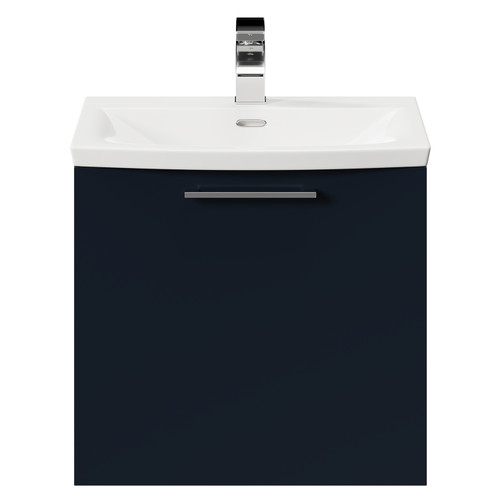 Napoli Deep Blue 500mm Wall Mounted Vanity Unit with 1 Tap Hole Curved Basin and Single Drawer with Polished Chrome Handle Front View