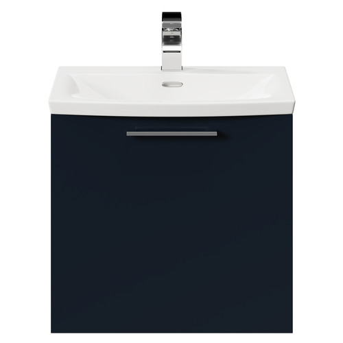 Napoli Deep Blue 500mm Wall Mounted Vanity Unit with 1 Tap Hole Curved Basin and Single Drawer with Polished Chrome Handle Front View