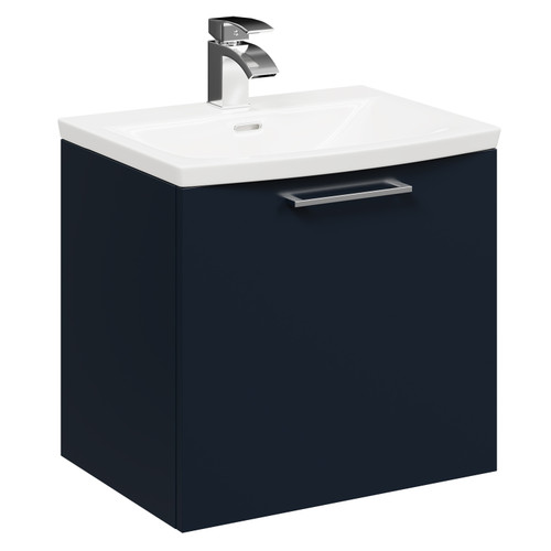 Napoli Deep Blue 500mm Wall Mounted Vanity Unit with 1 Tap Hole Curved Basin and Single Drawer with Polished Chrome Handle Left Hand Side View