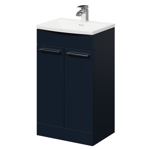 Napoli Deep Blue 500mm Floor Standing Vanity Unit with 1 Tap Hole Curved Basin and 2 Doors with Polished Chrome Handles Right Hand Side View