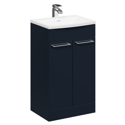 Napoli Deep Blue 500mm Floor Standing Vanity Unit with 1 Tap Hole Curved Basin and 2 Doors with Polished Chrome Handles Left Hand Side View