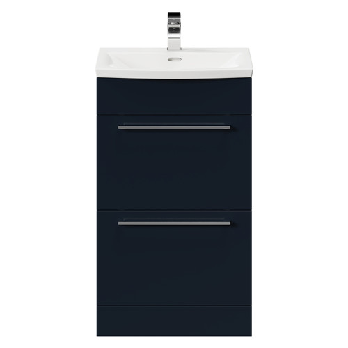 Napoli Deep Blue 500mm Floor Standing Vanity Unit with 1 Tap Hole Curved Basin and 2 Drawers with Polished Chrome Handles Front View