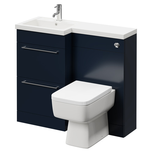 Napoli Combination Deep Blue 1000mm Vanity Unit Toilet Suite with Left Hand L Shaped 1 Tap Hole Basin and 2 Drawers with Polished Chrome Handles Right Hand Side View