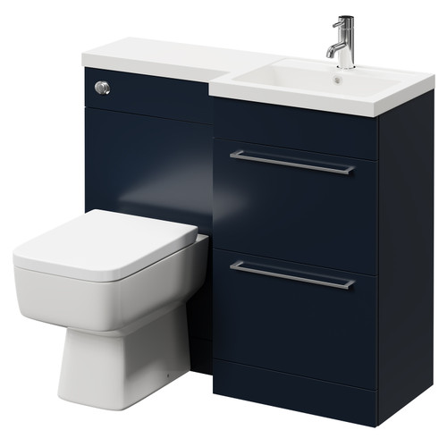 Napoli Combination Deep Blue 1000mm Vanity Unit Toilet Suite with Right Hand L Shaped 1 Tap Hole Basin and 2 Drawers with Polished Chrome Handles Right Hand Side View