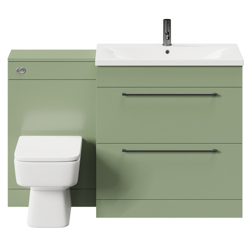 Napoli Olive Green 1300mm Vanity Unit Toilet Suite with 1 Tap Hole Basin and 2 Drawers with Gunmetal Grey Handles Front View