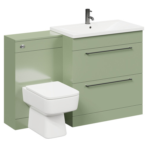 Napoli Olive Green 1300mm Vanity Unit Toilet Suite with 1 Tap Hole Basin and 2 Drawers with Gunmetal Grey Handles Left Hand Side View