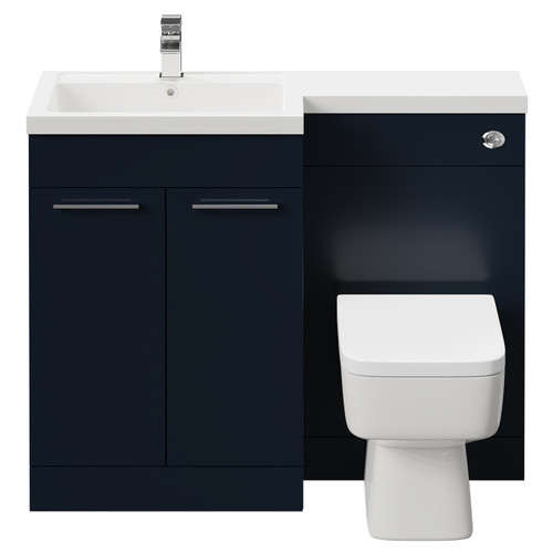 Napoli Combination Deep Blue 1100mm Vanity Unit Toilet Suite with Left Hand L Shaped 1 Tap Hole Basin and 2 Doors with Polished Chrome Handles Front View