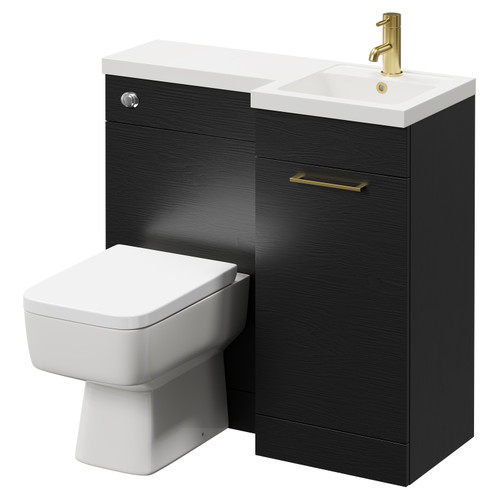 Napoli Combination Nero Oak 900mm Vanity Unit Toilet Suite with Right Hand L Shaped 1 Tap Hole Basin and Single Door with Brushed Brass Handle Right Hand Side View