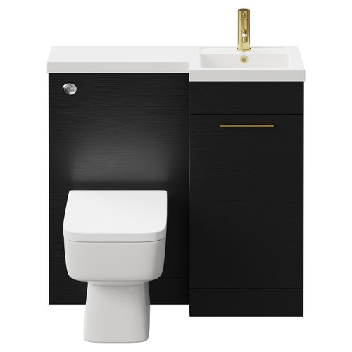 Napoli Combination Nero Oak 900mm Vanity Unit Toilet Suite with Right Hand L Shaped 1 Tap Hole Basin and Single Door with Brushed Brass Handle Front View