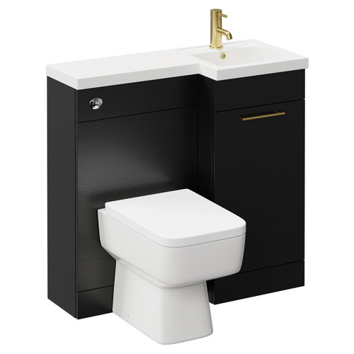 Napoli Combination Nero Oak 900mm Vanity Unit Toilet Suite with Right Hand L Shaped 1 Tap Hole Basin and Single Door with Brushed Brass Handle Left Hand Side View