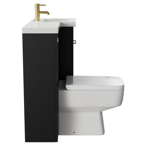 Napoli Combination Nero Oak 900mm Vanity Unit Toilet Suite with Right Hand L Shaped 1 Tap Hole Basin and Single Door with Brushed Brass Handle Side on View