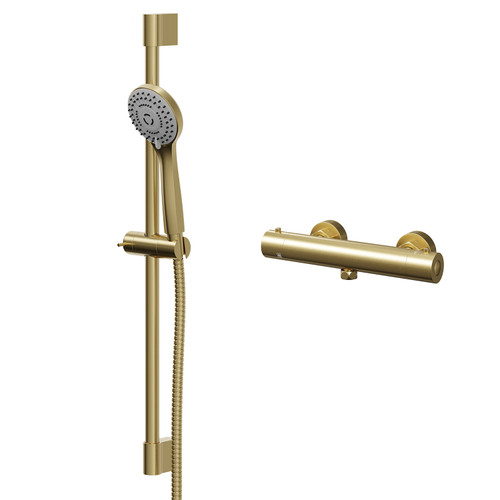 Colore Round Brushed Brass Thermostatic Bar Valve Mixer Shower with Round Slide Rail Kit Right Hand Side View