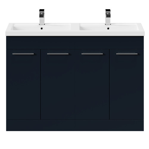 Napoli Deep Blue 1200mm Floor Standing Vanity Unit with Polymarble Double Basin and 4 Doors with Polished Chrome Handles Front View