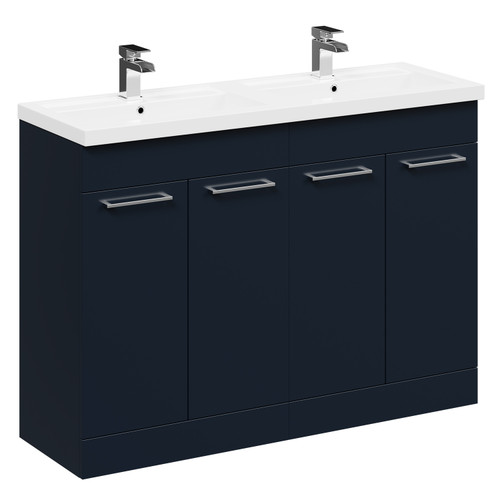 Napoli Deep Blue 1200mm Floor Standing Vanity Unit with Polymarble Double Basin and 4 Doors with Polished Chrome Handles Left Hand Side View
