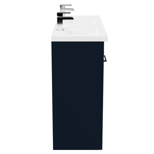 Napoli Deep Blue 1200mm Floor Standing Vanity Unit with Polymarble Double Basin and 4 Doors with Polished Chrome Handles Side on View