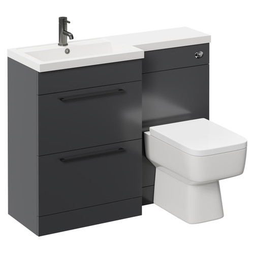 Napoli 390 Combination Gloss Grey 1100mm Vanity Unit Toilet Suite with Left Hand L Shaped 1 Tap Hole Basin and 2 Drawers with Gunmetal Grey Handles Left Hand View
