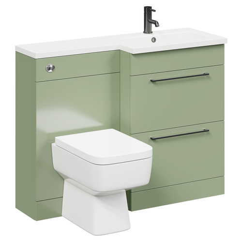 Napoli 390 Combination Olive Green 1100mm Vanity Unit Toilet Suite with Right Hand L Shaped 1 Tap Hole Basin and 2 Drawers with Gunmetal Grey Handles Left Hand Side View
