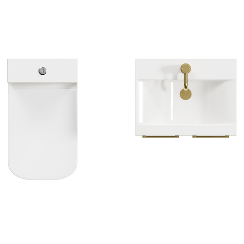 Turin Gloss White 500mm Floor Standing Vanity Unit and Toilet Suite with 1 Tap Hole Basin and 2 Doors with Brushed Brass Handles Top Viewed from Above