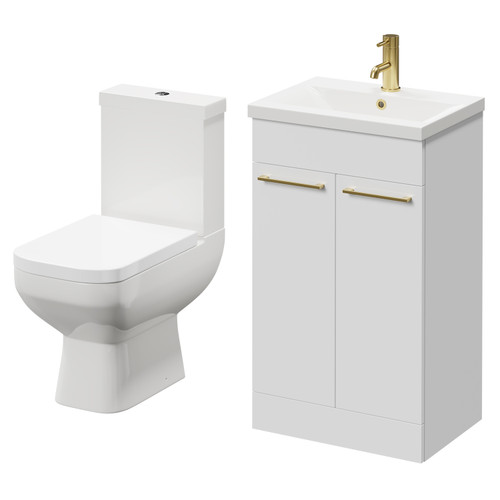 Turin Gloss White 500mm Floor Standing Vanity Unit and Toilet Suite with 1 Tap Hole Basin and 2 Doors with Brushed Brass Handles Right Hand Side View