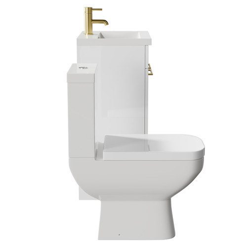 Turin Gloss White 500mm Floor Standing Vanity Unit and Toilet Suite with 1 Tap Hole Basin and 2 Doors with Brushed Brass Handles Side on View