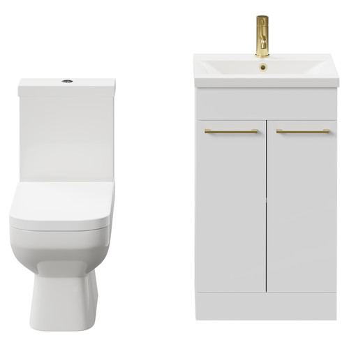 Turin Gloss White 500mm Floor Standing Vanity Unit and Toilet Suite with 1 Tap Hole Basin and 2 Doors with Brushed Brass Handles Front View