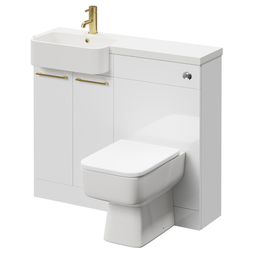 Napoli Combination Gloss White 1000mm Vanity Unit Toilet Suite with Left Hand Round Semi Recessed 1 Tap Hole Basin and 2 Doors with Brushed Brass Handles Right Hand View