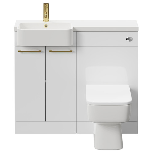Napoli Combination Gloss White 1000mm Vanity Unit Toilet Suite with Left Hand Round Semi Recessed 1 Tap Hole Basin and 2 Doors with Brushed Brass Handles Front View