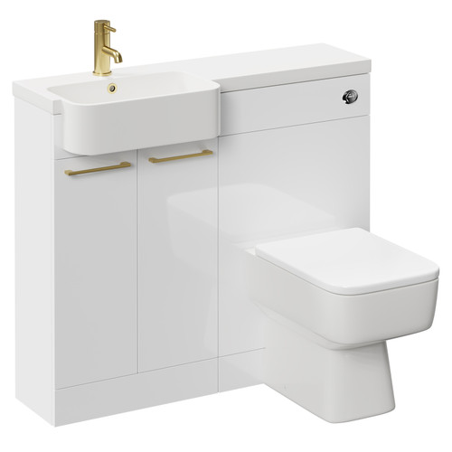 Napoli Combination Gloss White 1000mm Vanity Unit Toilet Suite with Left Hand Round Semi Recessed 1 Tap Hole Basin and 2 Doors with Brushed Brass Handles Left Hand View