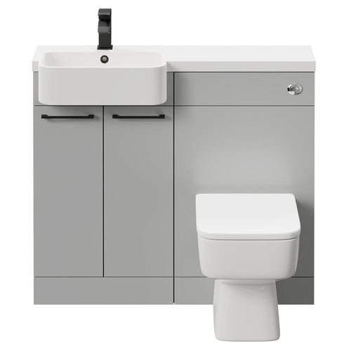 Napoli Combination Gloss Grey Pearl 1000mm Vanity Unit Toilet Suite with Left Hand Round Semi Recessed 1 Tap Hole Basin and 2 Doors with Matt Black Handles Front View