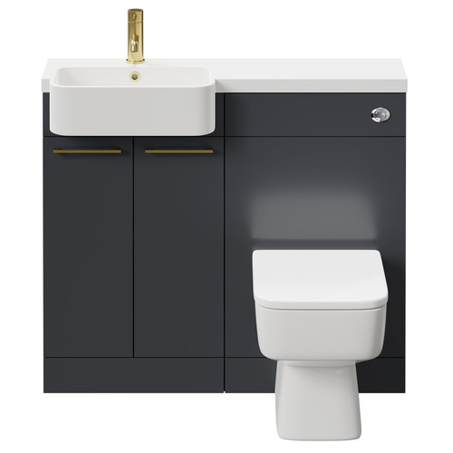 Napoli Combination Gloss Grey 1000mm Vanity Unit Toilet Suite with Left Hand Round Semi Recessed 1 Tap Hole Basin and 2 Doors with Brushed Brass Handles Front View