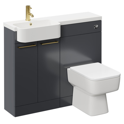 Napoli Combination Gloss Grey 1000mm Vanity Unit Toilet Suite with Left Hand Round Semi Recessed 1 Tap Hole Basin and 2 Doors with Brushed Brass Handles Left Hand View