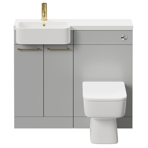 Napoli Combination Gloss Grey Pearl 1000mm Vanity Unit Toilet Suite with Left Hand Round Semi Recessed 1 Tap Hole Basin and 2 Doors with Brushed Brass Handles Front View