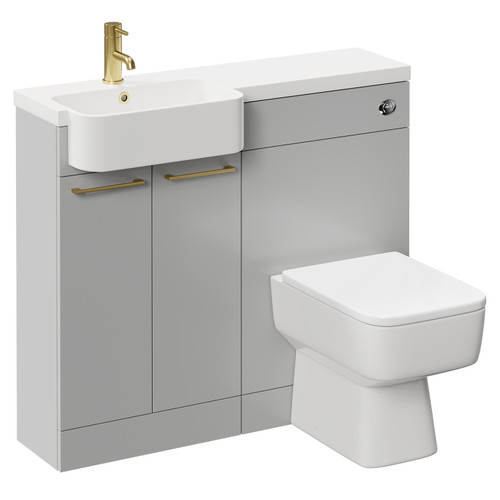 Napoli Combination Gloss Grey Pearl 1000mm Vanity Unit Toilet Suite with Left Hand Round Semi Recessed 1 Tap Hole Basin and 2 Doors with Brushed Brass Handles Left Hand View