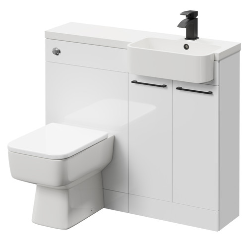 Napoli Combination Gloss White 1000mm Vanity Unit Toilet Suite with Right Hand Round Semi Recessed 1 Tap Hole Basin and 2 Doors with Matt Black Handles Right Hand View