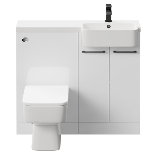 Napoli Combination Gloss White 1000mm Vanity Unit Toilet Suite with Right Hand Round Semi Recessed 1 Tap Hole Basin and 2 Doors with Matt Black Handles Front View