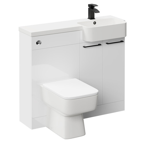 Napoli Combination Gloss White 1000mm Vanity Unit Toilet Suite with Right Hand Round Semi Recessed 1 Tap Hole Basin and 2 Doors with Matt Black Handles Left Hand View