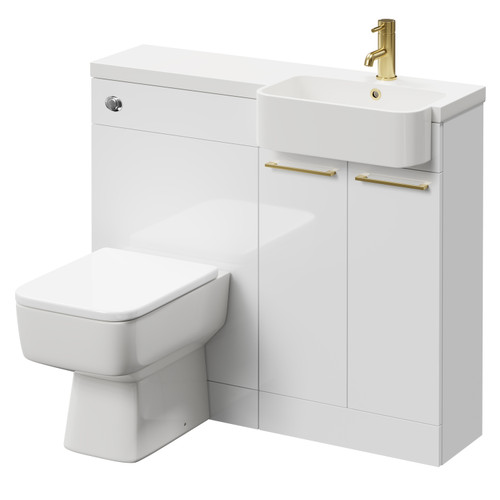 Napoli Combination Gloss White 1000mm Vanity Unit Toilet Suite with Right Hand Round Semi Recessed 1 Tap Hole Basin and 2 Doors with Brushed Brass Handles Right Hand View