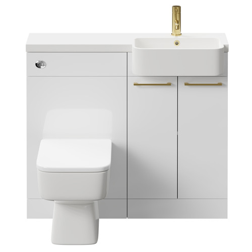 Napoli Combination Gloss White 1000mm Vanity Unit Toilet Suite with Right Hand Round Semi Recessed 1 Tap Hole Basin and 2 Doors with Brushed Brass Handles Front View