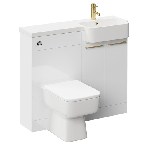 Napoli Combination Gloss White 1000mm Vanity Unit Toilet Suite with Right Hand Round Semi Recessed 1 Tap Hole Basin and 2 Doors with Brushed Brass Handles Left Hand View