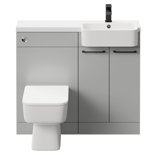 Napoli Combination Gloss Grey Pearl 1000mm Vanity Unit Toilet Suite with Right Hand Round Semi Recessed 1 Tap Hole Basin and 2 Doors with Matt Black Handles Front View