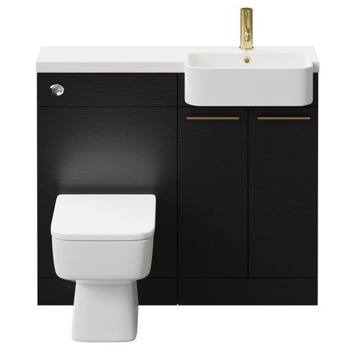 Napoli Combination Nero Oak 1000mm Vanity Unit Toilet Suite with Right Hand Round Semi Recessed 1 Tap Hole Basin and 2 Doors with Brushed Brass Handles Front View