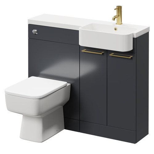 Napoli Combination Gloss Grey 1000mm Vanity Unit Toilet Suite with Right Hand Round Semi Recessed 1 Tap Hole Basin and 2 Doors with Brushed Brass Handles Right Hand View