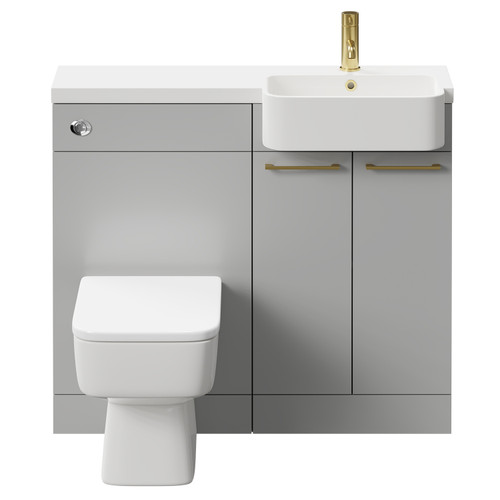 Napoli Combination Gloss Grey Pearl 1000mm Vanity Unit Toilet Suite with Right Hand Round Semi Recessed 1 Tap Hole Basin and 2 Doors with Brushed Brass Handles Front View