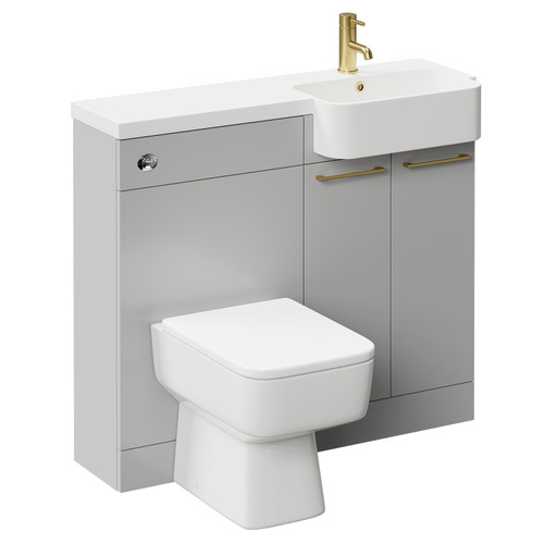 Napoli Combination Gloss Grey Pearl 1000mm Vanity Unit Toilet Suite with Right Hand Round Semi Recessed 1 Tap Hole Basin and 2 Doors with Brushed Brass Handles Left Hand View