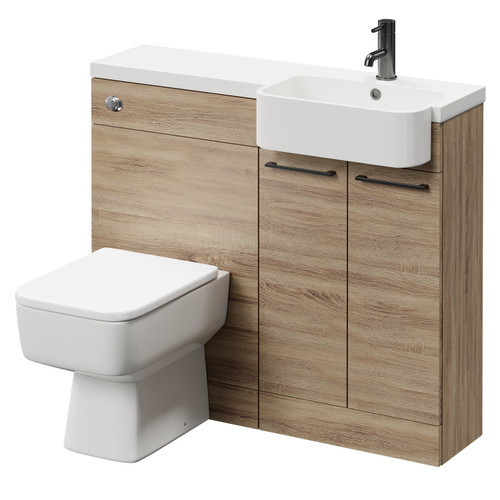 Napoli Combination Bordalino Oak 1000mm Vanity Unit Toilet Suite with Right Hand Round Semi Recessed 1 Tap Hole Basin and 2 Doors with Gunmetal Grey Handles Right Hand View