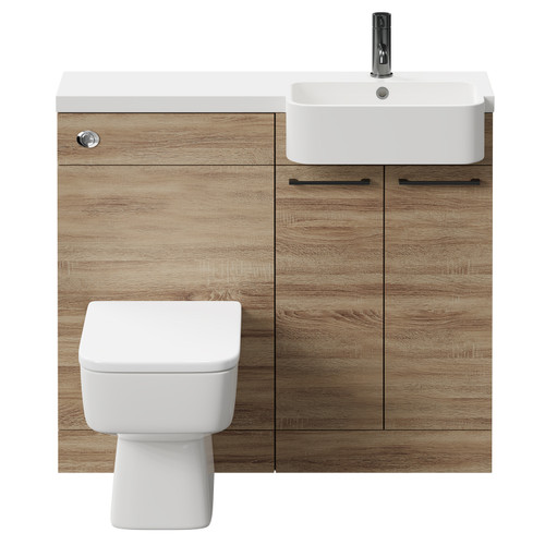Napoli Combination Bordalino Oak 1000mm Vanity Unit Toilet Suite with Right Hand Round Semi Recessed 1 Tap Hole Basin and 2 Doors with Gunmetal Grey Handles Front View