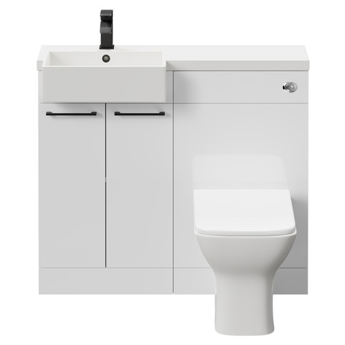 Napoli Combination Gloss White 1000mm Vanity Unit Toilet Suite with Left Hand Square Semi Recessed 1 Tap Hole Basin and 2 Doors with Matt Black Handles Front View